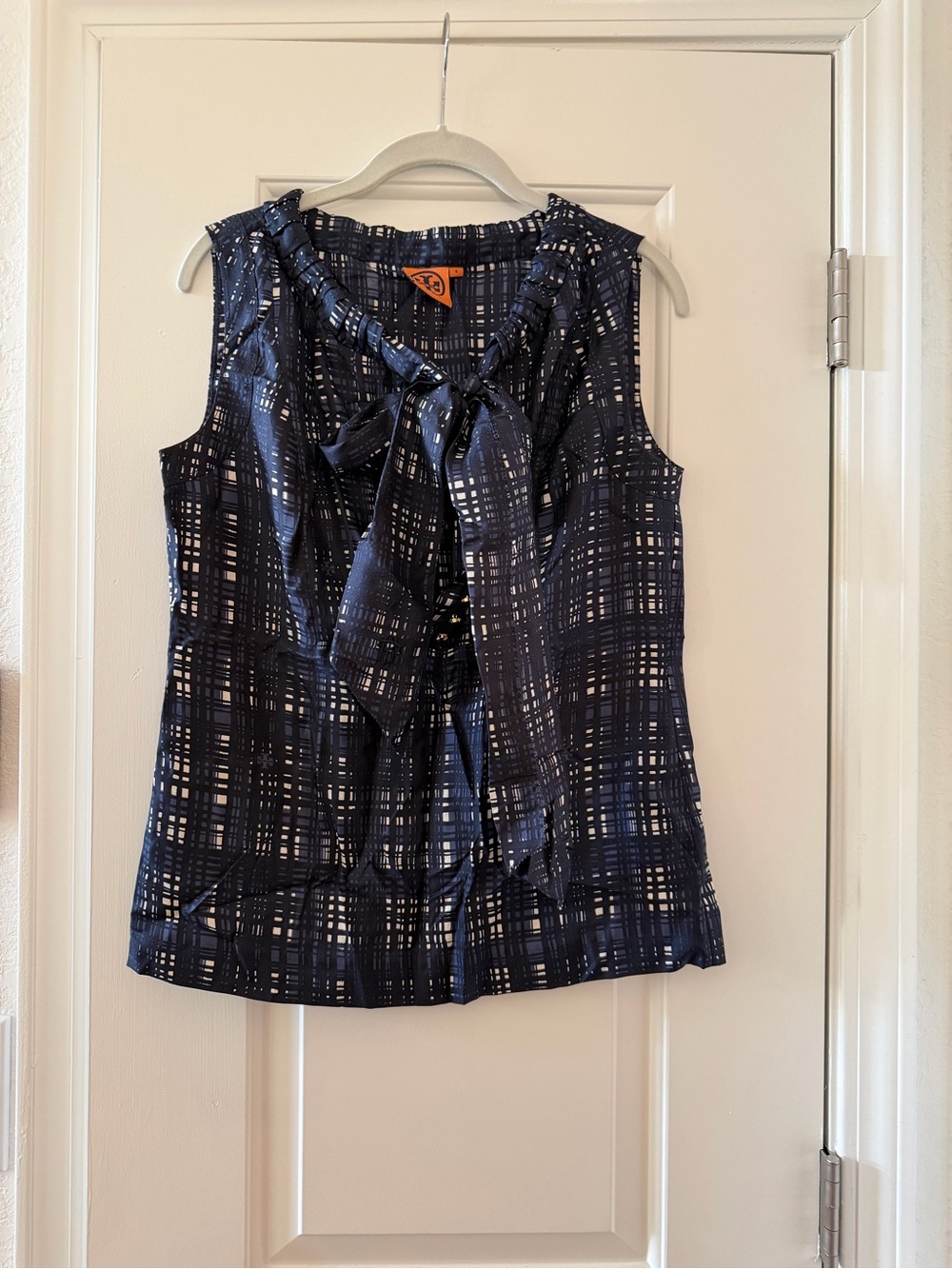 Tory Burch Navy Plaid Tie-Neck 100% Silk